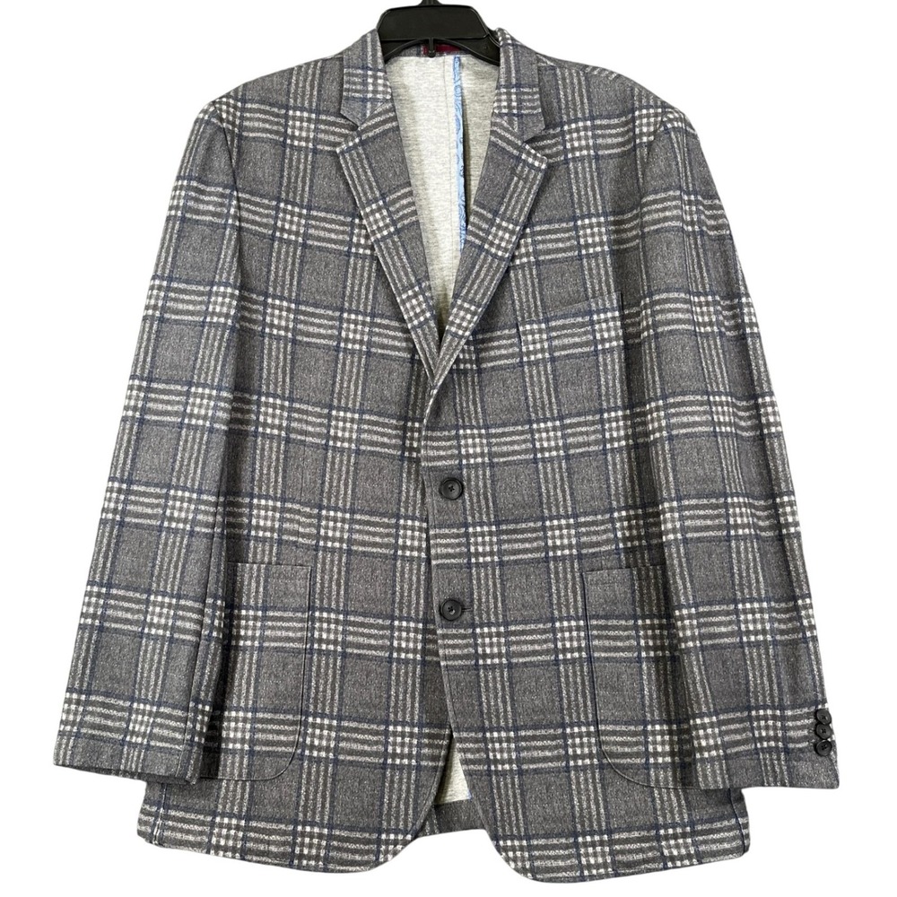 Johnston & Murphy Blazer Men 42 Grey Plaid Knit Unstructured Sport Coat Business